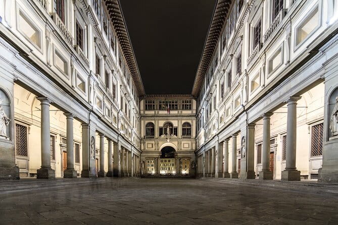 Florence Evening Walking Tour: Stories of Power, Love & Betrayal - The Uffizi from outside, with an inside shadow